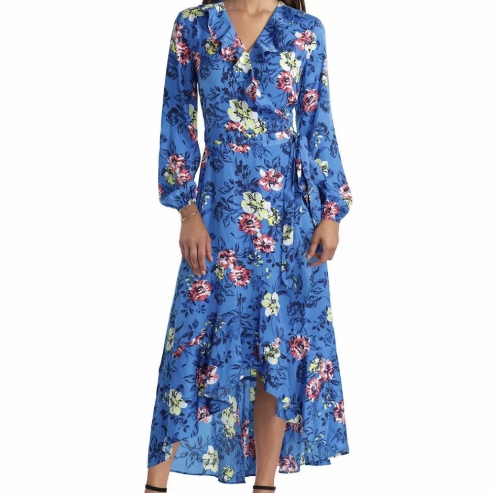 Gigi Parker Women's Wrap Dress With Ruffle Neckline Small Painted Garden Indigo)